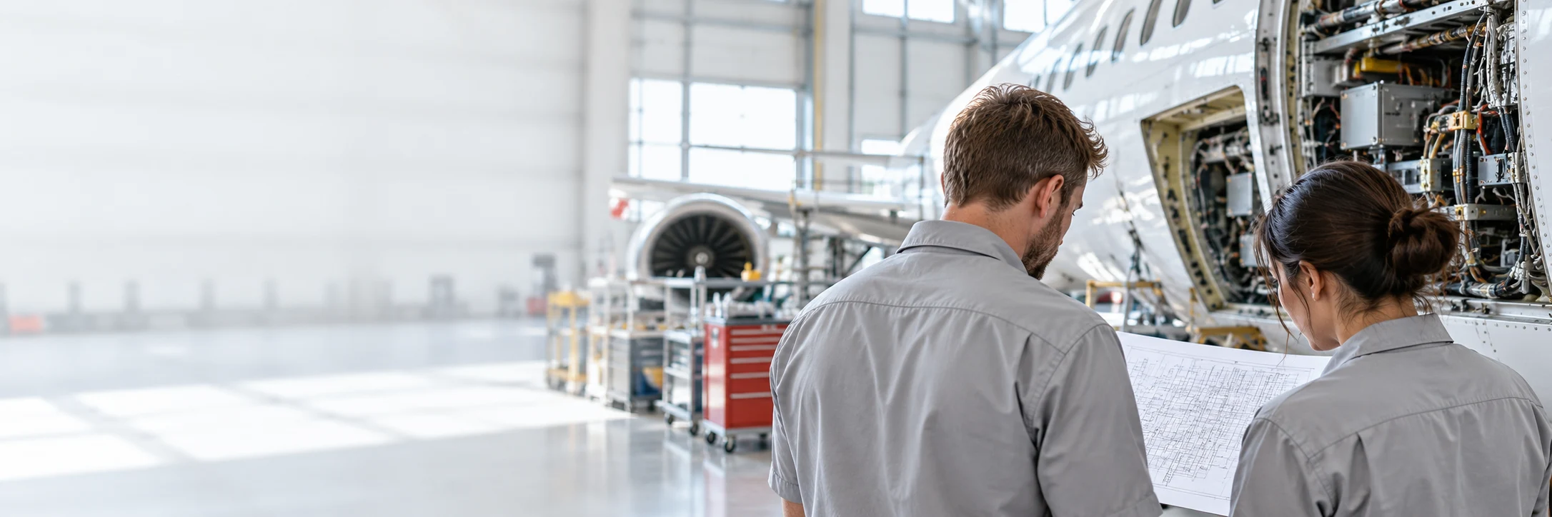 Illustrative aerospace engineering team reviewing wiring references in a bright hangar
