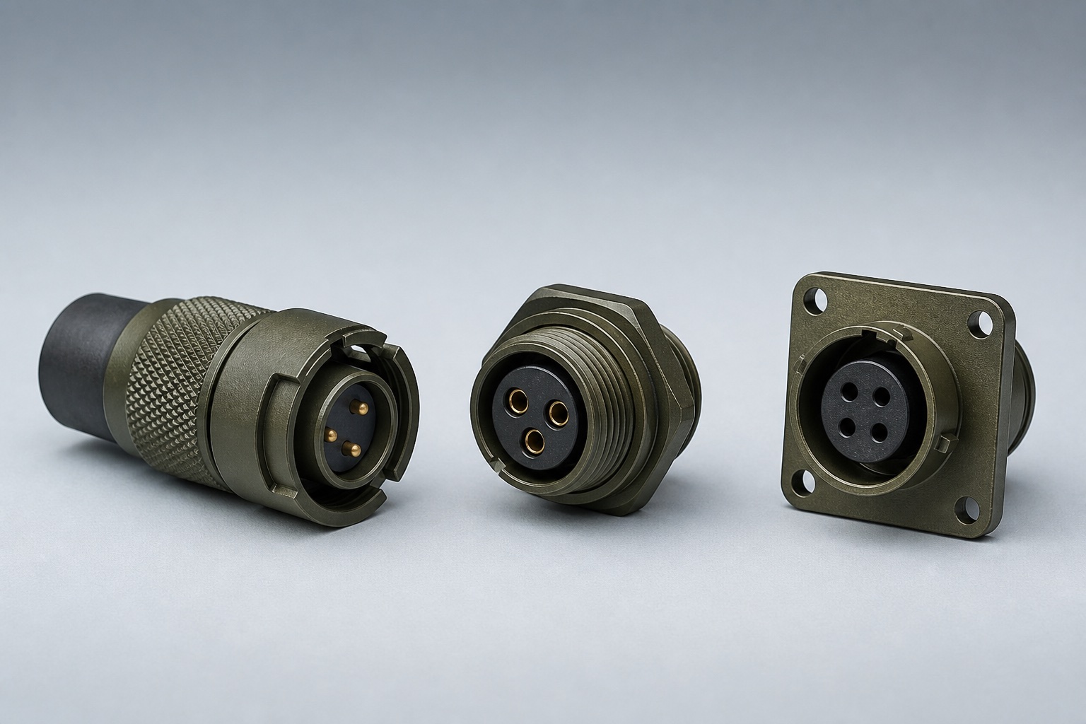 AI-generated MIL-DTL-26482 family visual showing representative PT06 straight plug, PT07 jam-nut receptacle and PT00 wall-mount receptacle forms