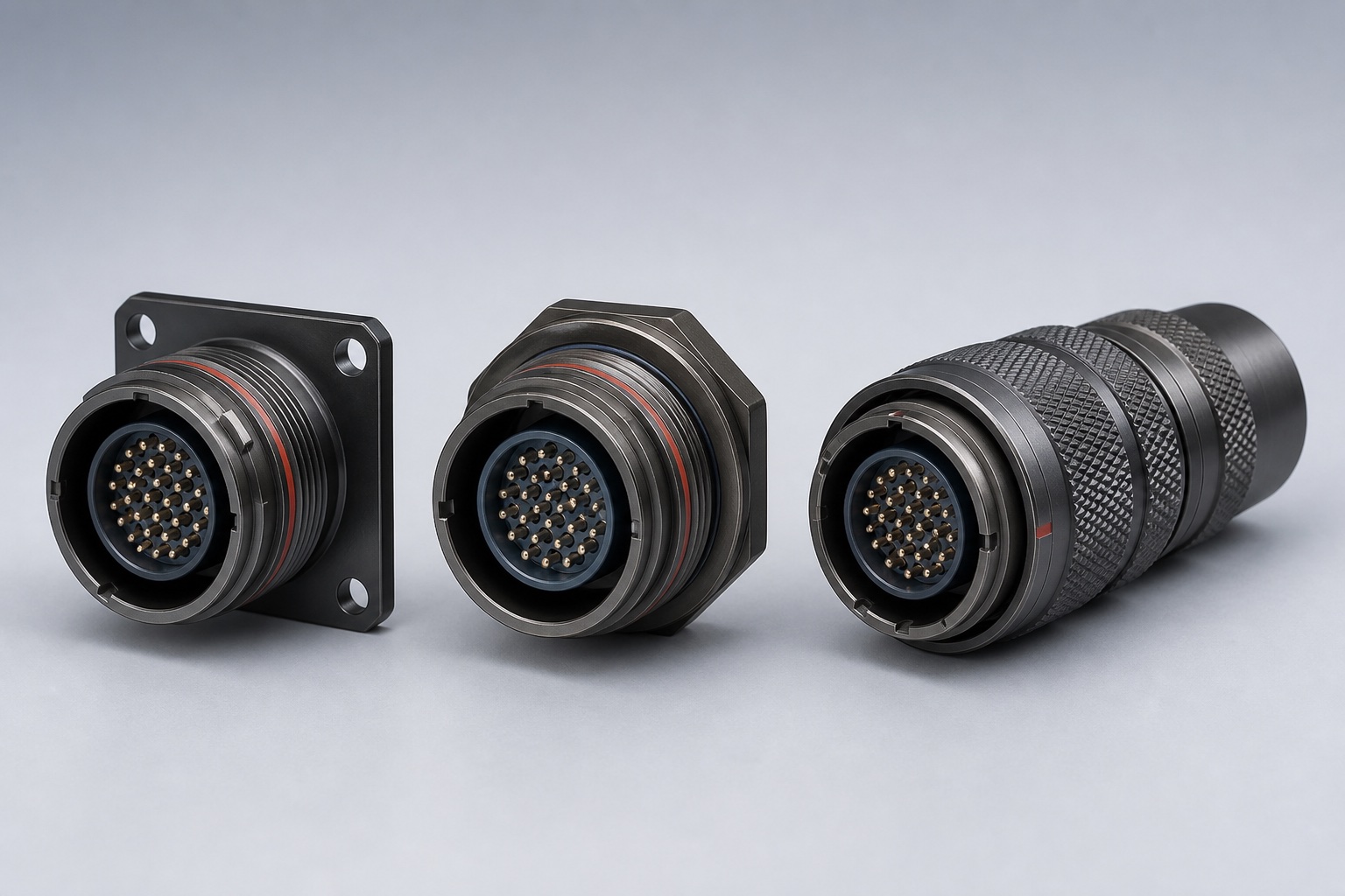 AI-generated MIL-DTL-38999 Series III family visual showing representative D38999/20 wall-mount, /24 jam-nut and /26 straight-plug forms