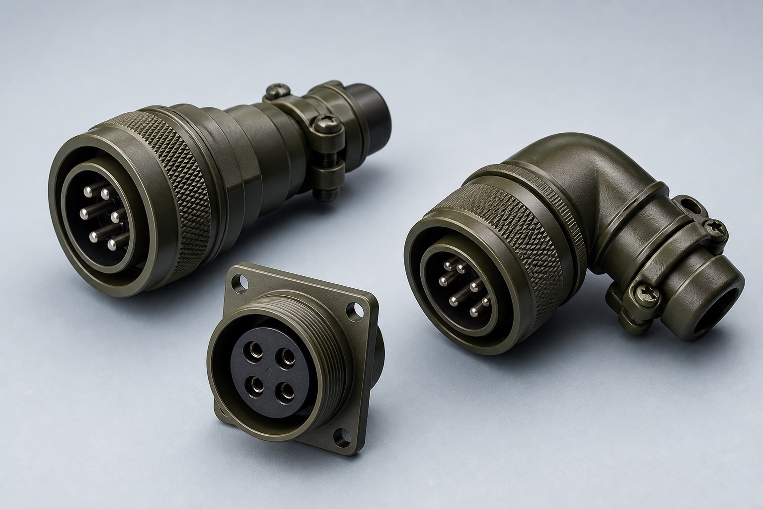 AI-generated MIL-DTL-5015 family visual showing representative MS3106 straight plug, MS3102 box-mount receptacle and MS3108 right-angle plug forms