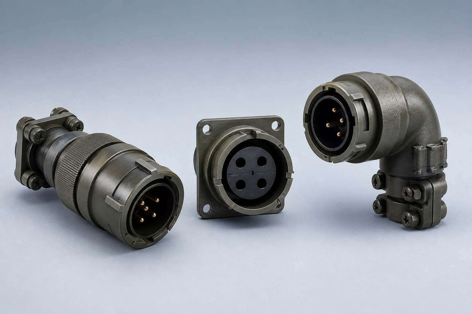 AI-generated VG95234 family visual showing representative D straight plug, A wall-mount receptacle and E right-angle plug forms
