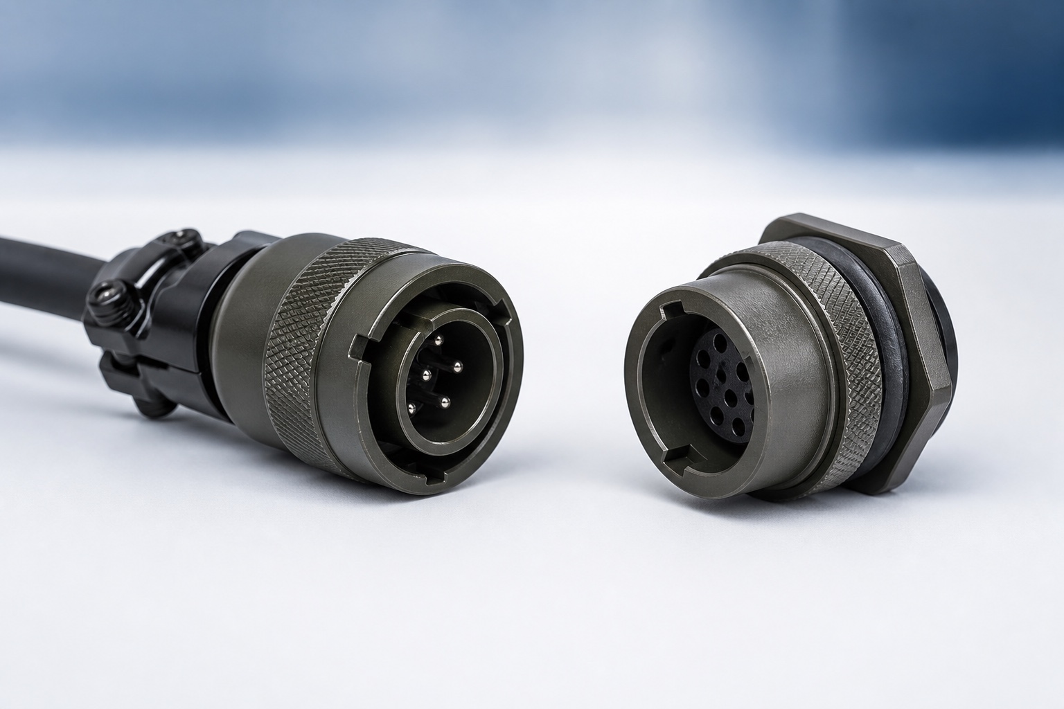 AI-generated representative MIL-DTL-26482 Series I PT06 or MS3116 straight plug and PT07 or MS3114 jam-nut receptacle pair