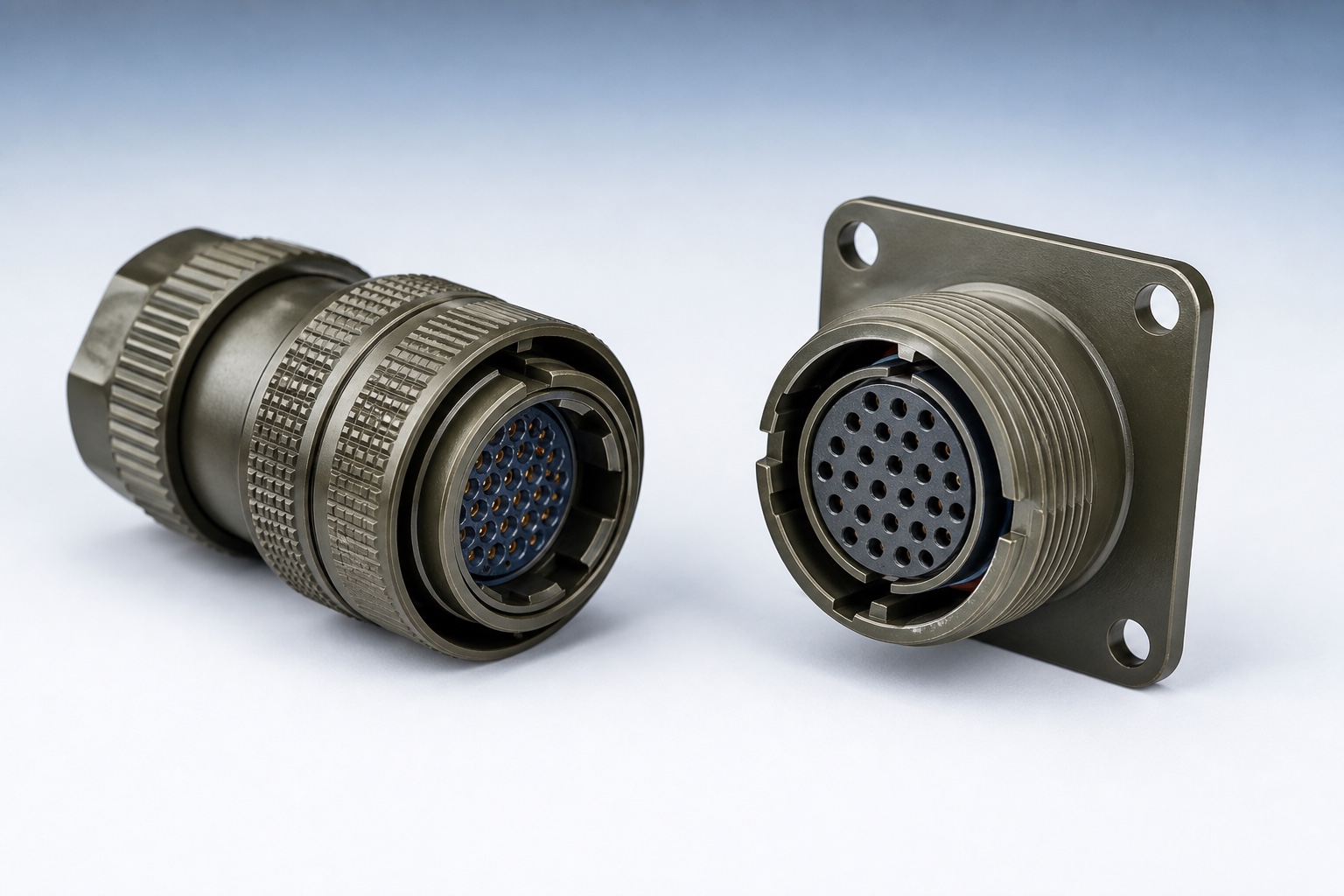 AI-generated representative MIL-DTL-38999 Series III D38999/26 straight plug and D38999/20 wall-mount receptacle pair