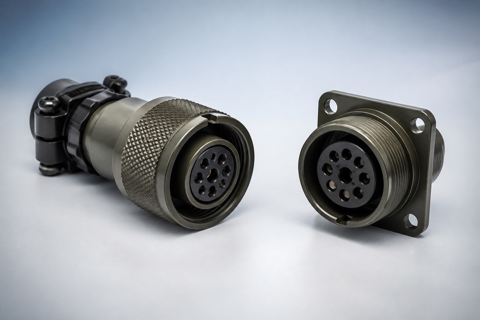 AI-generated representative MIL-DTL-5015 MS3106 straight plug and MS3102 box-mount receptacle pair