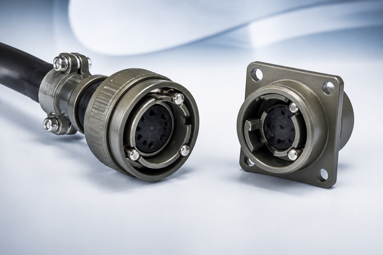 AI-generated representative VG95234 D straight plug and VG95234 A wall-mount receptacle reverse-bayonet pair