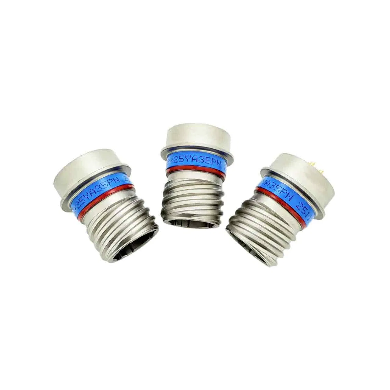 Original supplier group photograph of three D38999/25YA35PN hermetic solder-mount receptacles with model labels