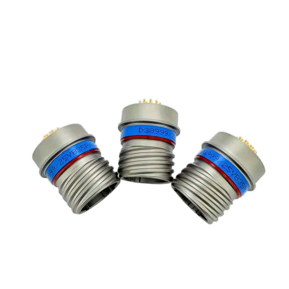 Original supplier group photograph of three D38999/25YB35PN hermetic solder-mount receptacles with model labels
